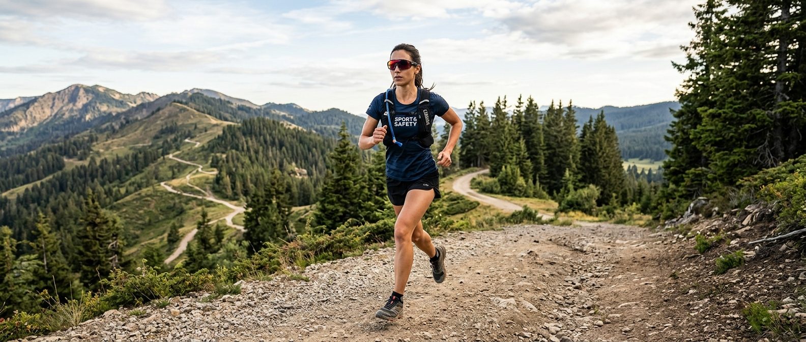 Runner wearing sport sunglasses on a mountain trail